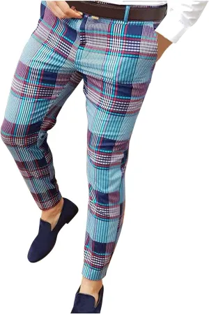 Mens Fashion Chinos Plaid Stretch Dress Pants Slim Fit Casual Business Suit Pants Big and Tall Flat-Front Golf Pants