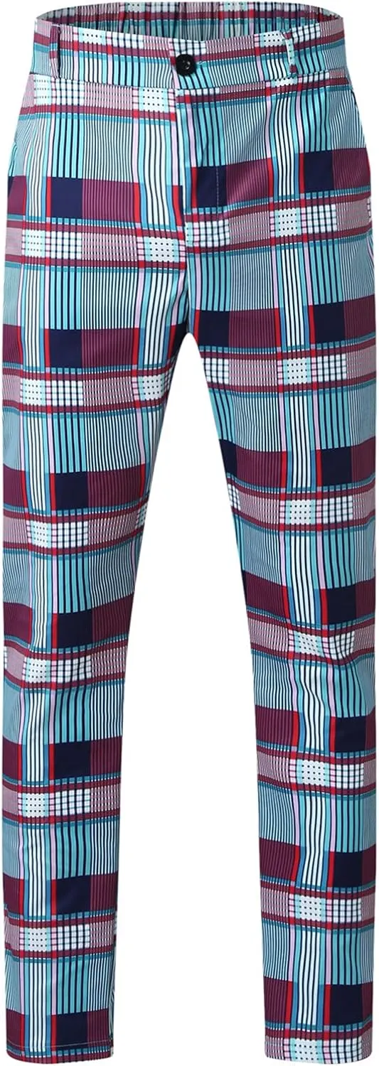 Mens Fashion Chinos Plaid Stretch Dress Pants Slim Fit Casual Business Suit Pants Big and Tall Flat-Front Golf Pants