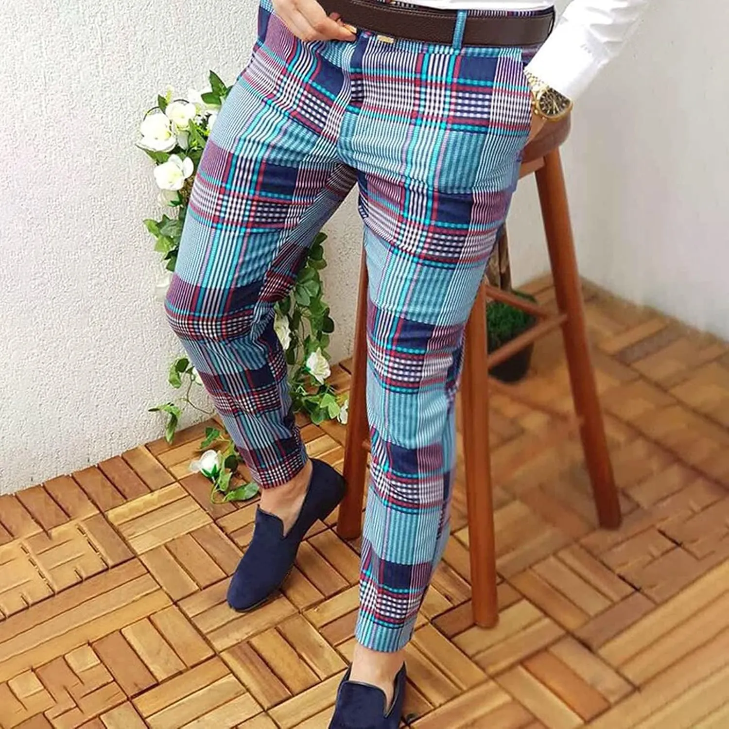 Mens Fashion Chinos Plaid Stretch Dress Pants Slim Fit Casual Business Suit Pants Big and Tall Flat-Front Golf Pants