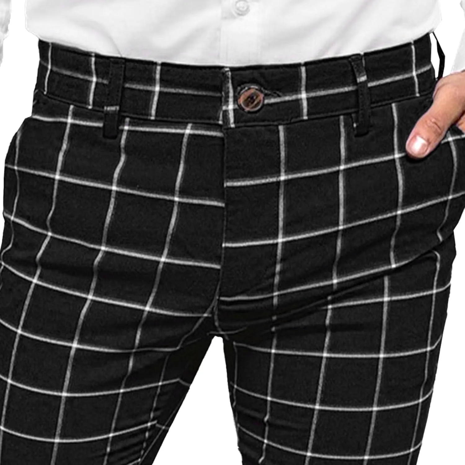Mens Fashion Plaid Casual Feet Pants Skinny Pencil Jeans Tapered Pant Slim Fit Business Sports Pants
