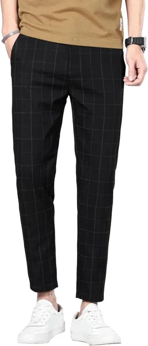 Mens Fashion Plaid Casual Feet Pants Skinny Pencil Jeans Tapered Pant Slim Fit Business Sports Pants