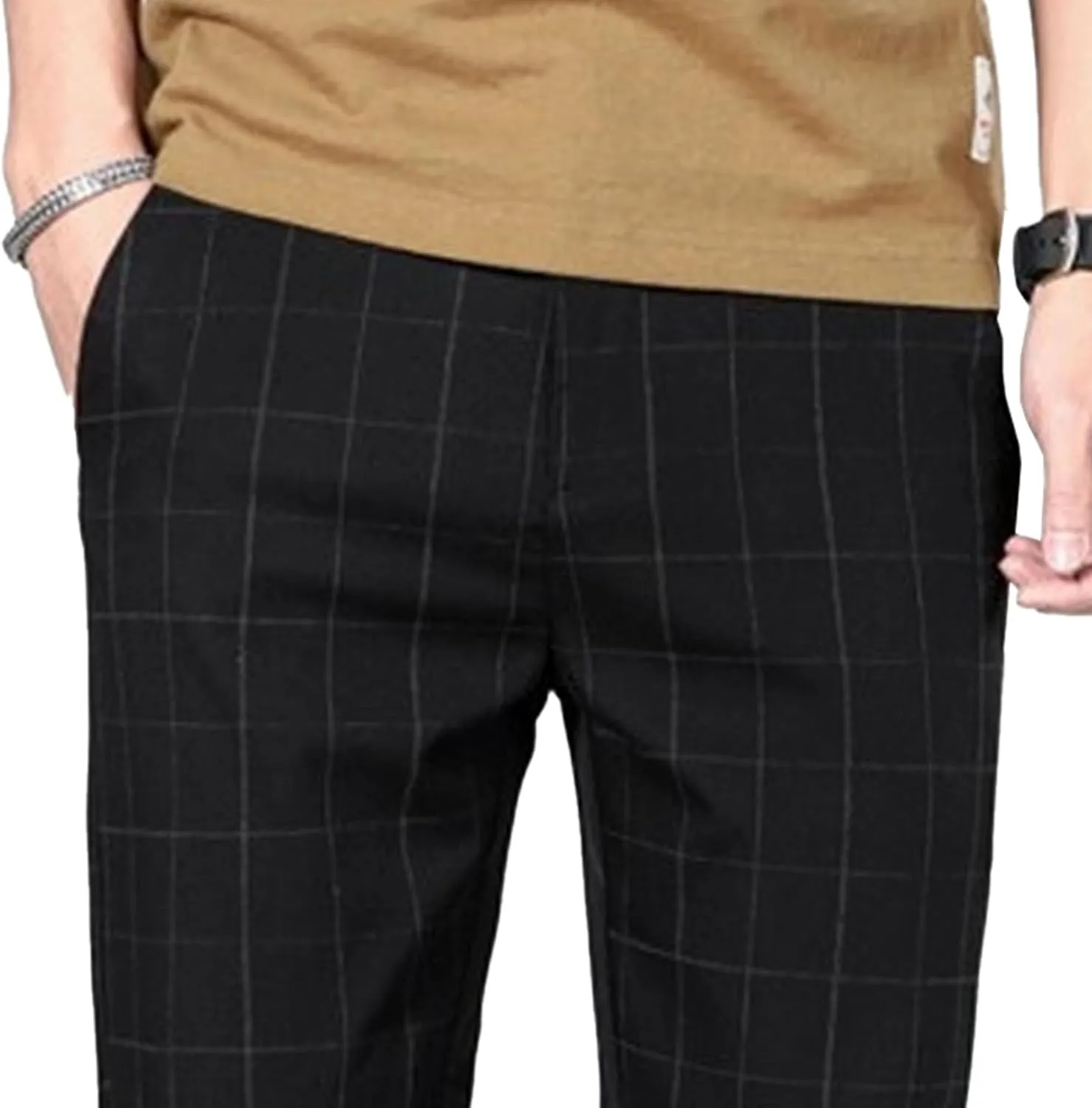 Mens Fashion Plaid Casual Feet Pants Skinny Pencil Jeans Tapered Pant Slim Fit Business Sports Pants