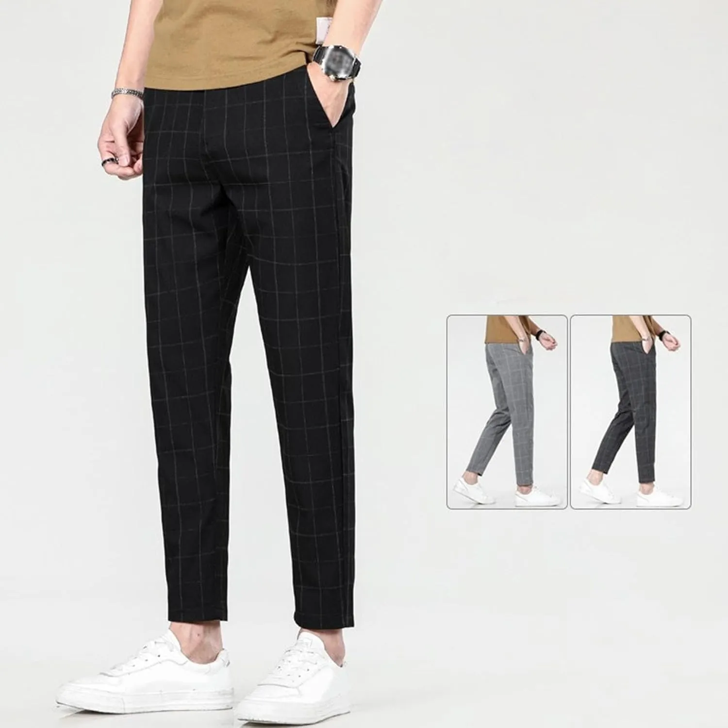 Mens Fashion Plaid Casual Feet Pants Skinny Pencil Jeans Tapered Pant Slim Fit Business Sports Pants