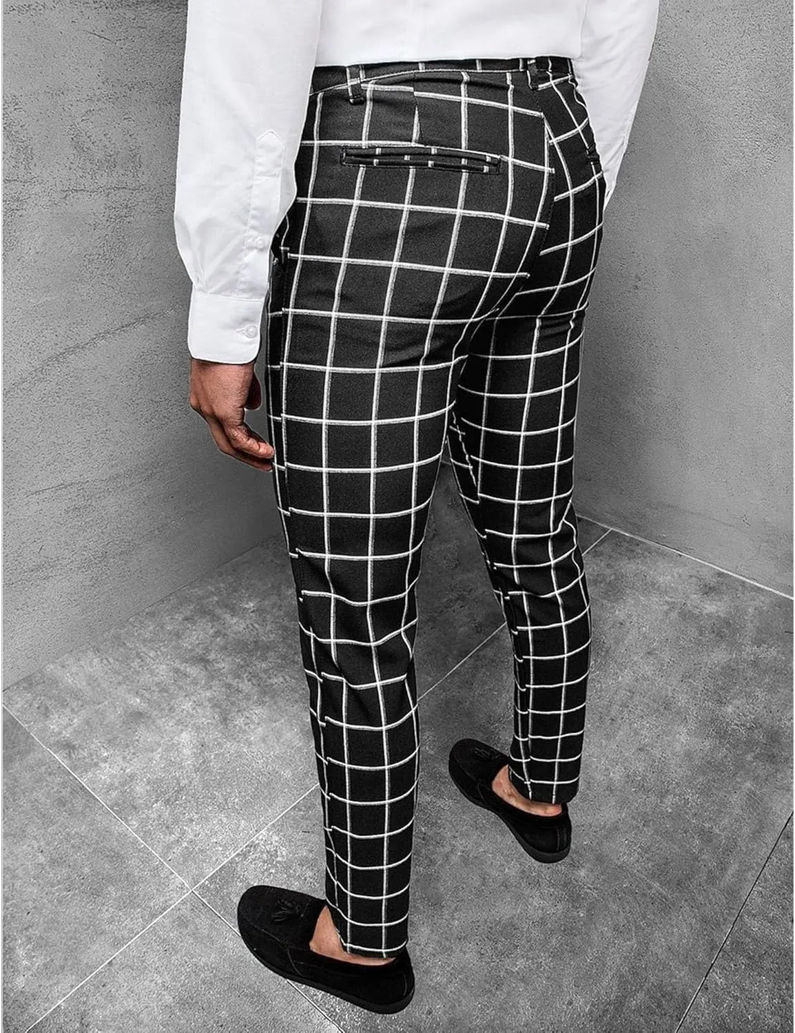 Mens Fashion Plaid Casual Feet Pants Skinny Pencil Jeans Tapered Pant Slim Fit Business Sports Pants