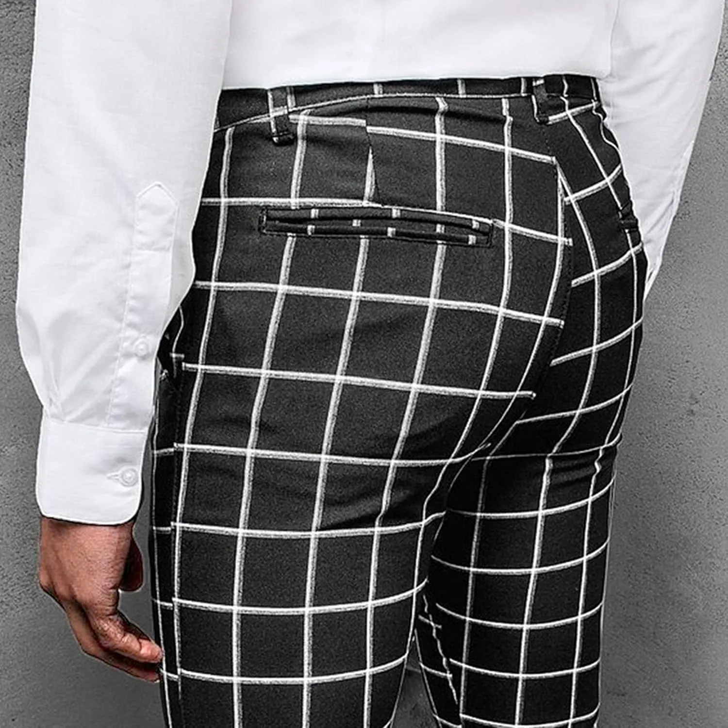 Mens Fashion Plaid Casual Feet Pants Skinny Pencil Jeans Tapered Pant Slim Fit Business Sports Pants