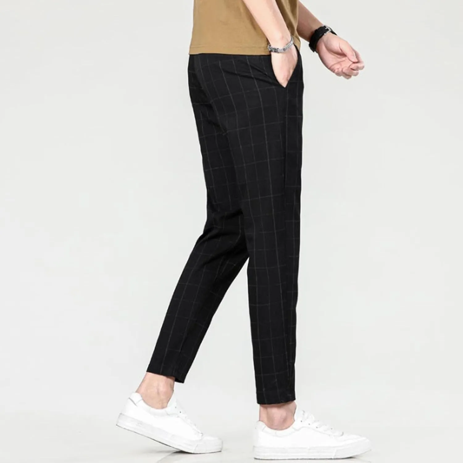Mens Fashion Plaid Casual Feet Pants Skinny Pencil Jeans Tapered Pant Slim Fit Business Sports Pants