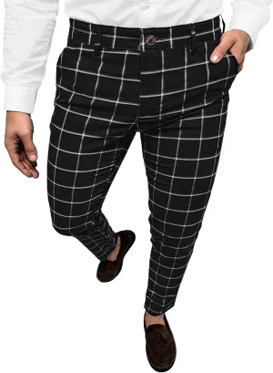 Mens Fashion Plaid Casual Feet Pants Skinny Pencil Jeans Tapered Pant Slim Fit Business Sports Pants
