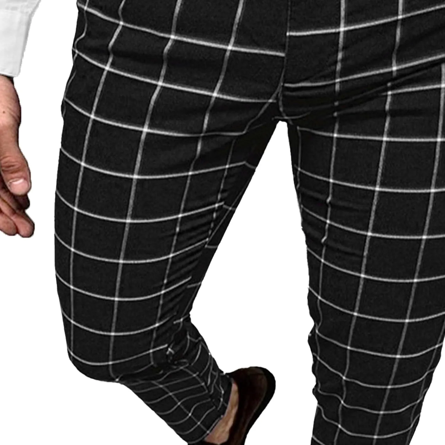 Mens Fashion Plaid Casual Feet Pants Skinny Pencil Jeans Tapered Pant Slim Fit Business Sports Pants