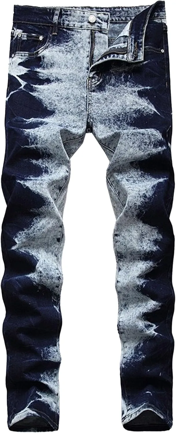 Men's Gradient Tapered Leg Jeans Slim Fit Tie Dye Denim Pants Casual Fashion Streetwear Cowboy Trousers (Dark Blue,42)