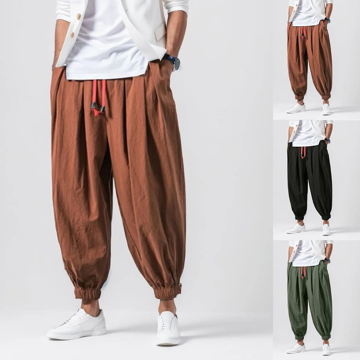 Mens Harem Pants, Casual Elastic Waist Drawstring Baggy Pants, Summer Solid Color Hippie Hip Hop Lightweight Trousers