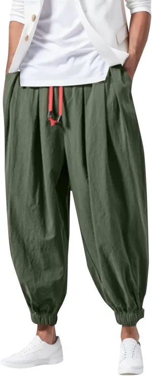 Mens Harem Pants, Casual Elastic Waist Drawstring Baggy Pants, Summer Solid Color Hippie Hip Hop Lightweight Trousers