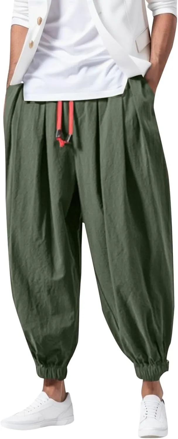 Mens Harem Pants, Casual Elastic Waist Drawstring Baggy Pants, Summer Solid Color Hippie Hip Hop Lightweight Trousers