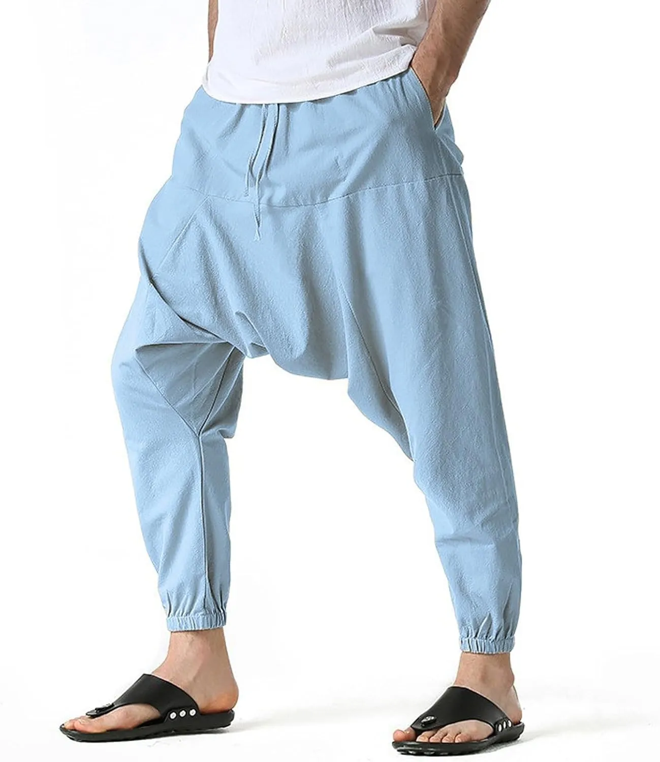 Mens Harem Pants Hip Hop Baggy Jogger Pants Vintage Hippie Drop Crotch Trousers Elastic Waist Comfy Casual Pants