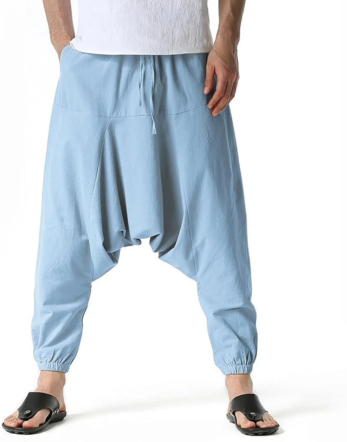 Mens Harem Pants Hip Hop Baggy Jogger Pants Vintage Hippie Drop Crotch Trousers Elastic Waist Comfy Casual Pants
