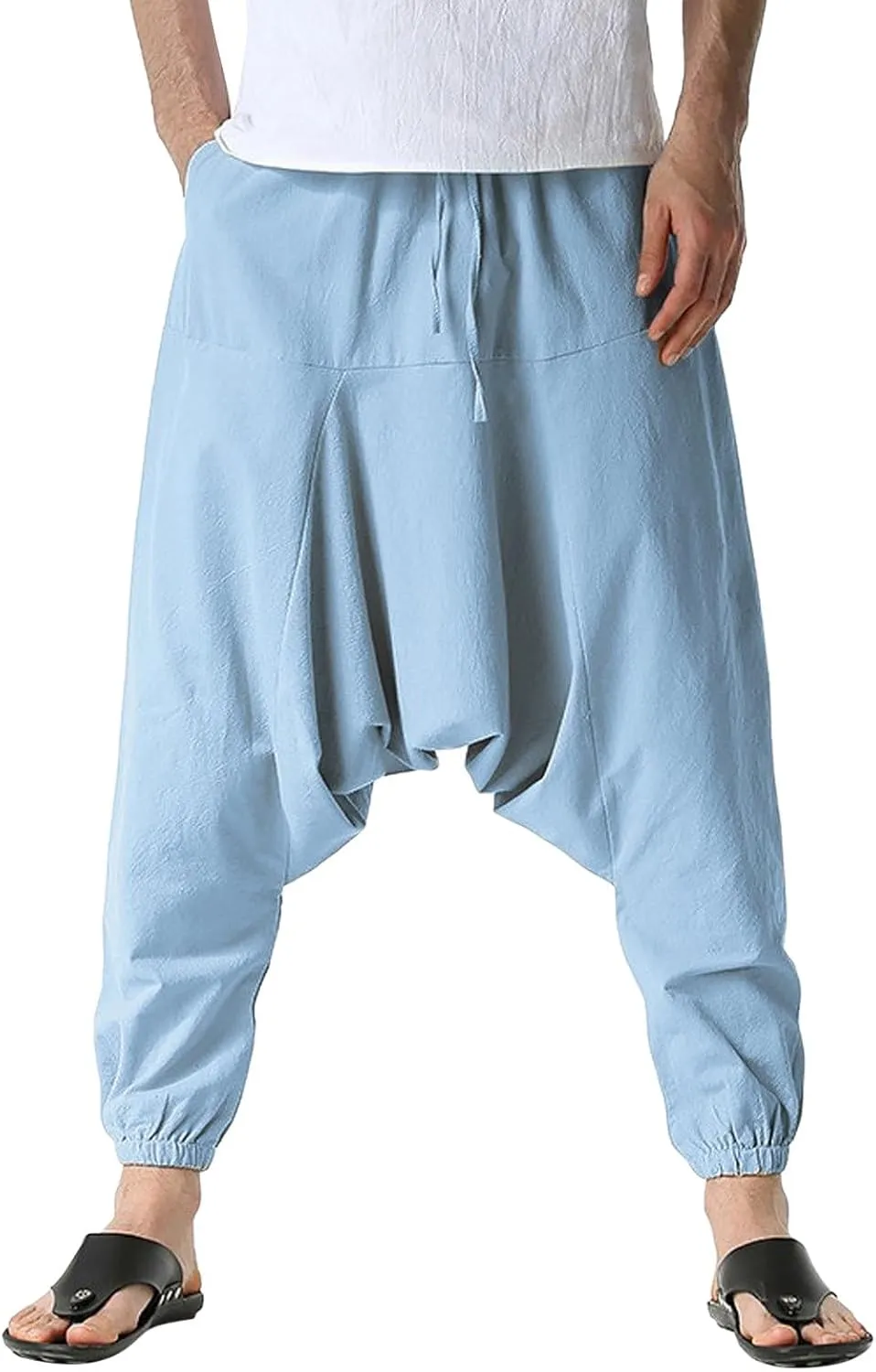 Mens Harem Pants Hip Hop Baggy Jogger Pants Vintage Hippie Drop Crotch Trousers Elastic Waist Comfy Casual Pants