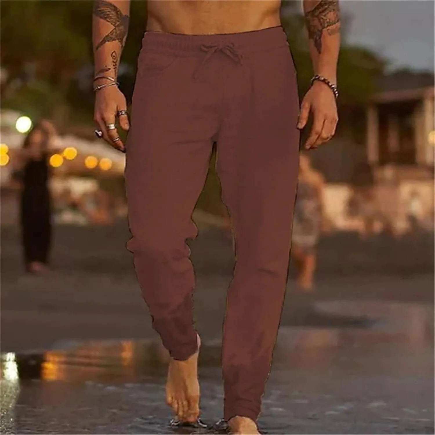 Men's Lightweight Linen Yoga Pants Casual Drawstring Elastic Waist Tapered Leg Joggers for Beach with Pockets