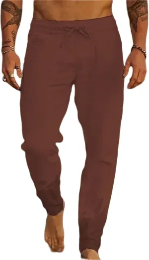 Men's Lightweight Linen Yoga Pants Casual Drawstring Elastic Waist Tapered Leg Joggers for Beach with Pockets