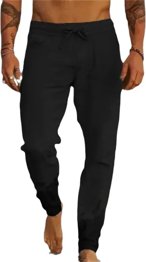 Men's Lightweight Linen Yoga Pants Casual Drawstring Elastic Waist Tapered Leg Joggers for Beach with Pockets