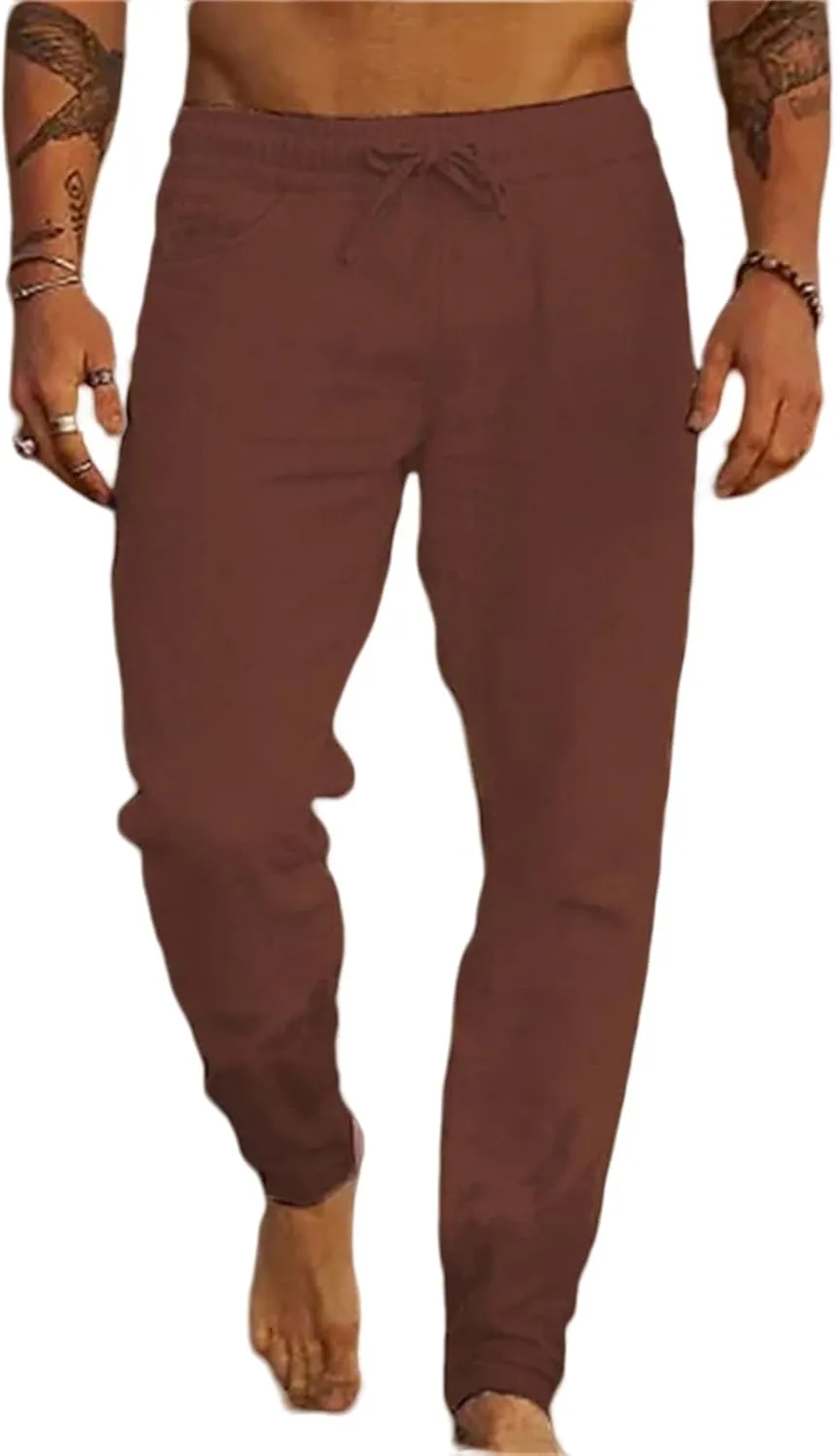 Men's Lightweight Linen Yoga Pants Casual Drawstring Elastic Waist Tapered Leg Joggers for Beach with Pockets