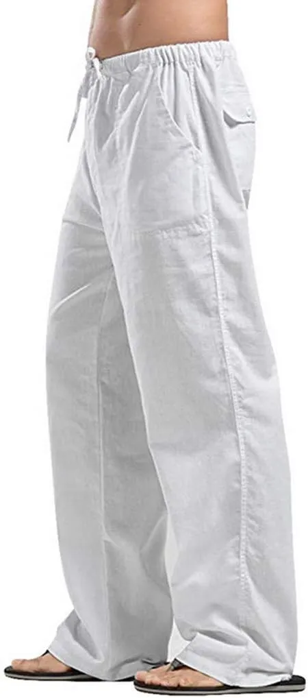 Mens Linen Harem Drawstring Plaid Pants Casual Elastic Waist Lightweight Loose Trouser Hippie Summer Beach Yoga Pant