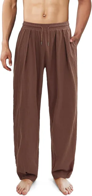 Men's Linen Pants Casual Drawstring Beach Pants Stretch Waist Summer Pants Lightweight Trouser with Pockets