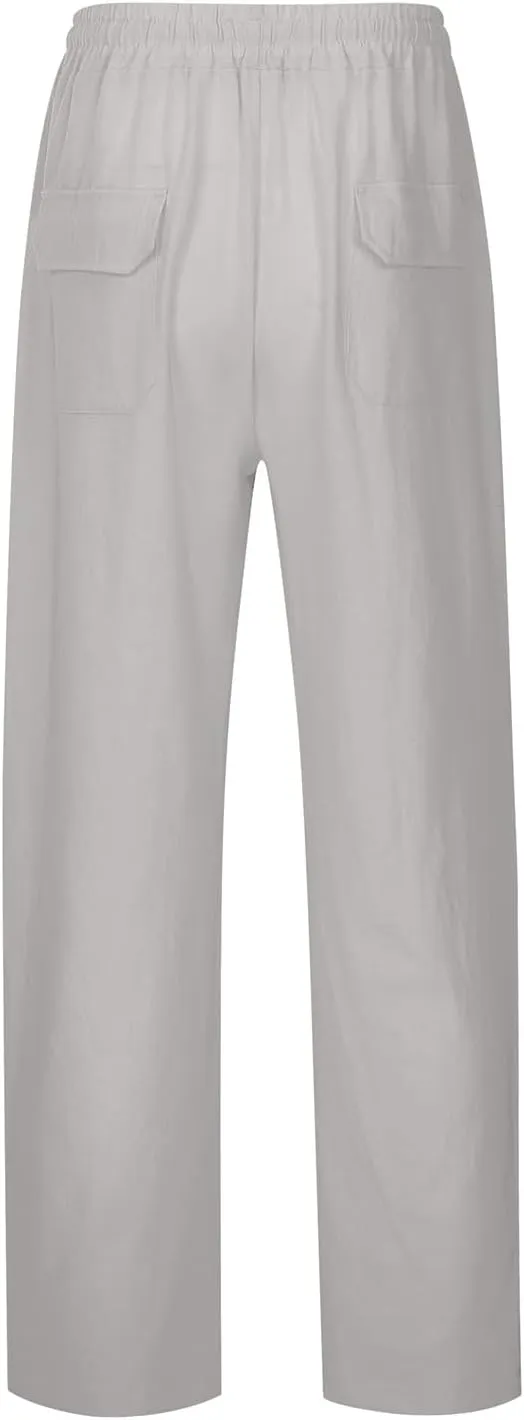 Mens Linen Pants Elastic Drawstring Waist Straight-Legs Loose Fit Casual Summer Yoga Beach Long Cotton Pants