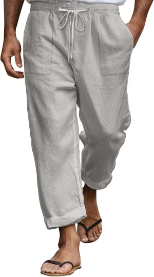Mens Linen Pants Elastic Drawstring Waist Straight-Legs Loose Fit Casual Summer Yoga Beach Long Cotton Pants