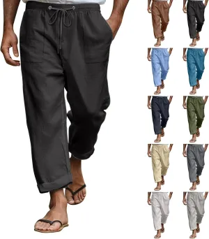 Mens Linen Pants Elastic Drawstring Waist Straight-Legs Loose Fit Casual Summer Yoga Beach Long Cotton Pants