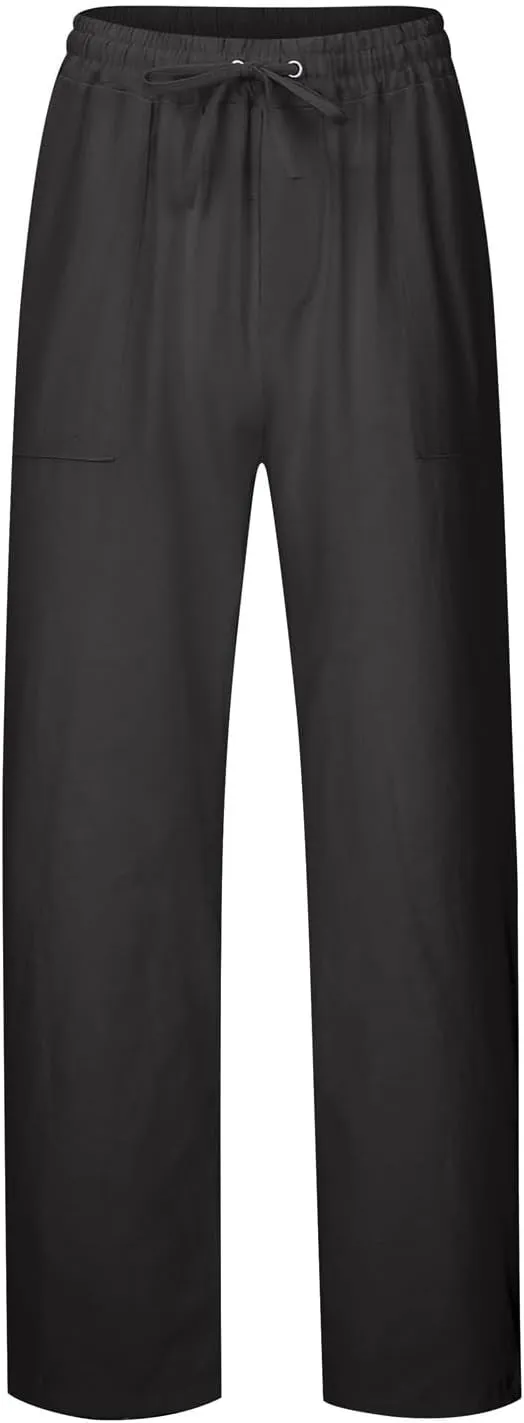 Mens Linen Pants Elastic Drawstring Waist Straight-Legs Loose Fit Casual Summer Yoga Beach Long Cotton Pants