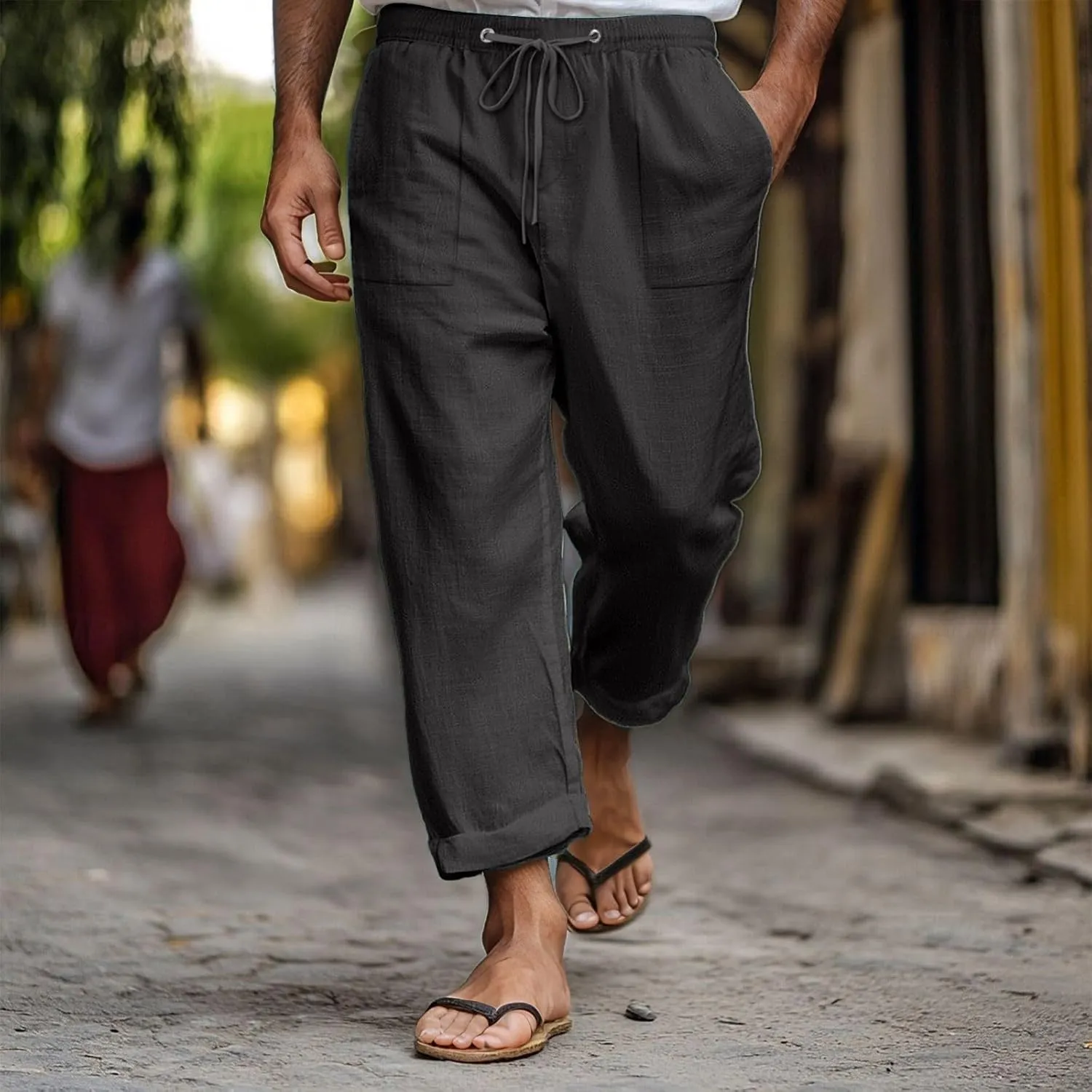 Mens Linen Pants Elastic Drawstring Waist Straight-Legs Loose Fit Casual Summer Yoga Beach Long Cotton Pants