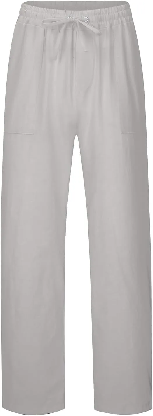 Mens Linen Pants Elastic Drawstring Waist Straight-Legs Loose Fit Casual Summer Yoga Beach Long Cotton Pants