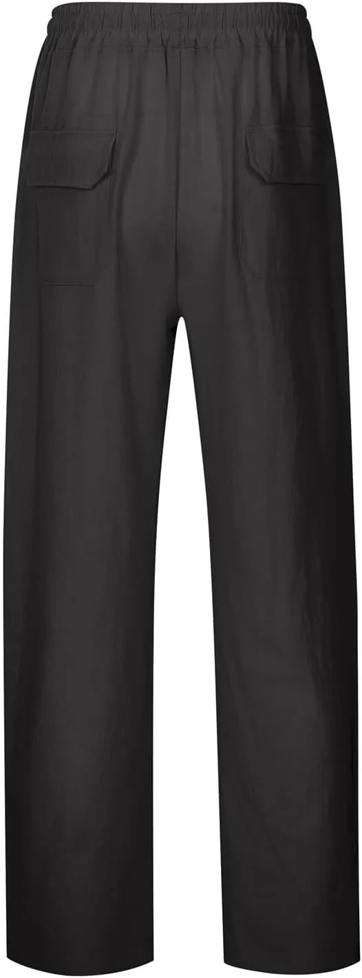 Mens Linen Pants Elastic Drawstring Waist Straight-Legs Loose Fit Casual Summer Yoga Beach Long Cotton Pants