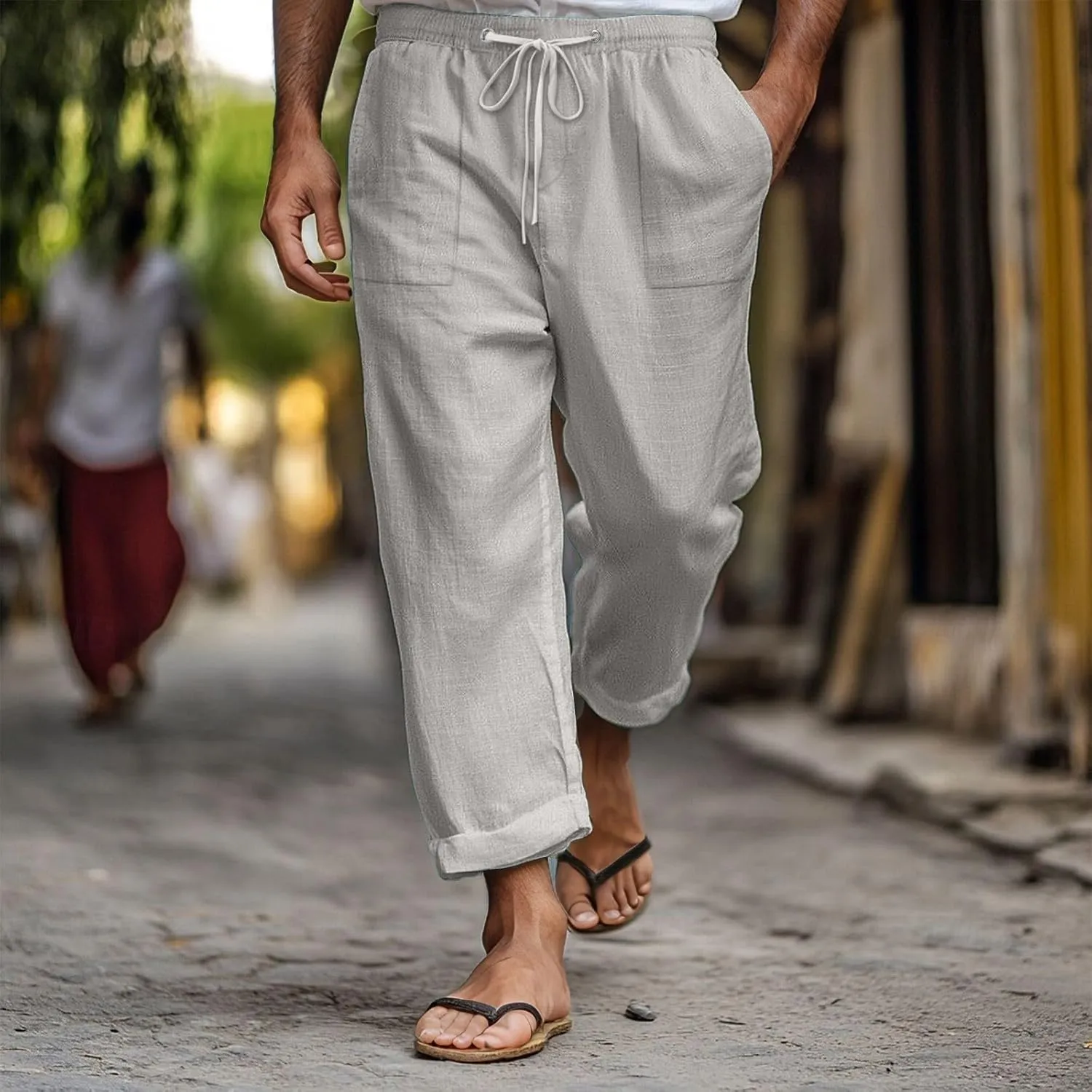 Mens Linen Pants Elastic Drawstring Waist Straight-Legs Loose Fit Casual Summer Yoga Beach Long Cotton Pants