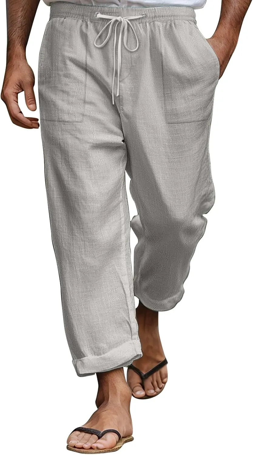 Mens Linen Pants Elastic Drawstring Waist Straight-Legs Loose Fit Casual Summer Yoga Beach Long Cotton Pants