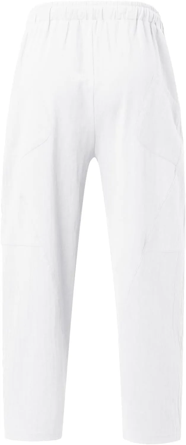 Mens Linen Pants Lightweight Loose and Light Running Workout Gym Track Pants Multi-Pocket Summer Beach Yoga Trousers