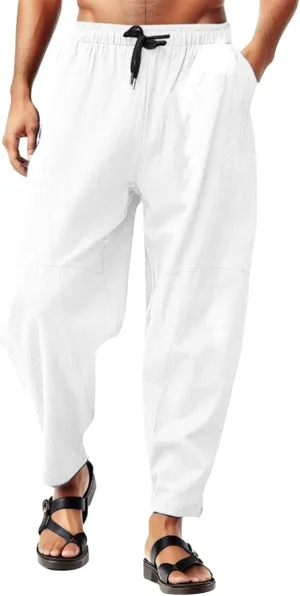 Mens Linen Pants Lightweight Loose and Light Running Workout Gym Track Pants Multi-Pocket Summer Beach Yoga Trousers