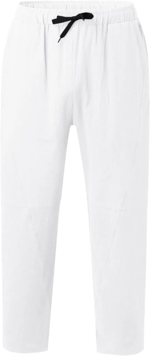 Mens Linen Pants Lightweight Loose and Light Running Workout Gym Track Pants Multi-Pocket Summer Beach Yoga Trousers