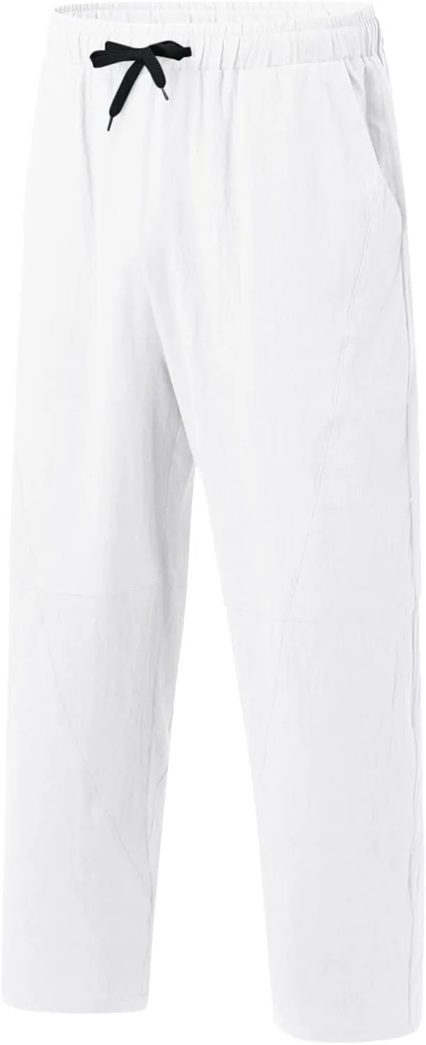Mens Linen Pants Lightweight Loose and Light Running Workout Gym Track Pants Multi-Pocket Summer Beach Yoga Trousers
