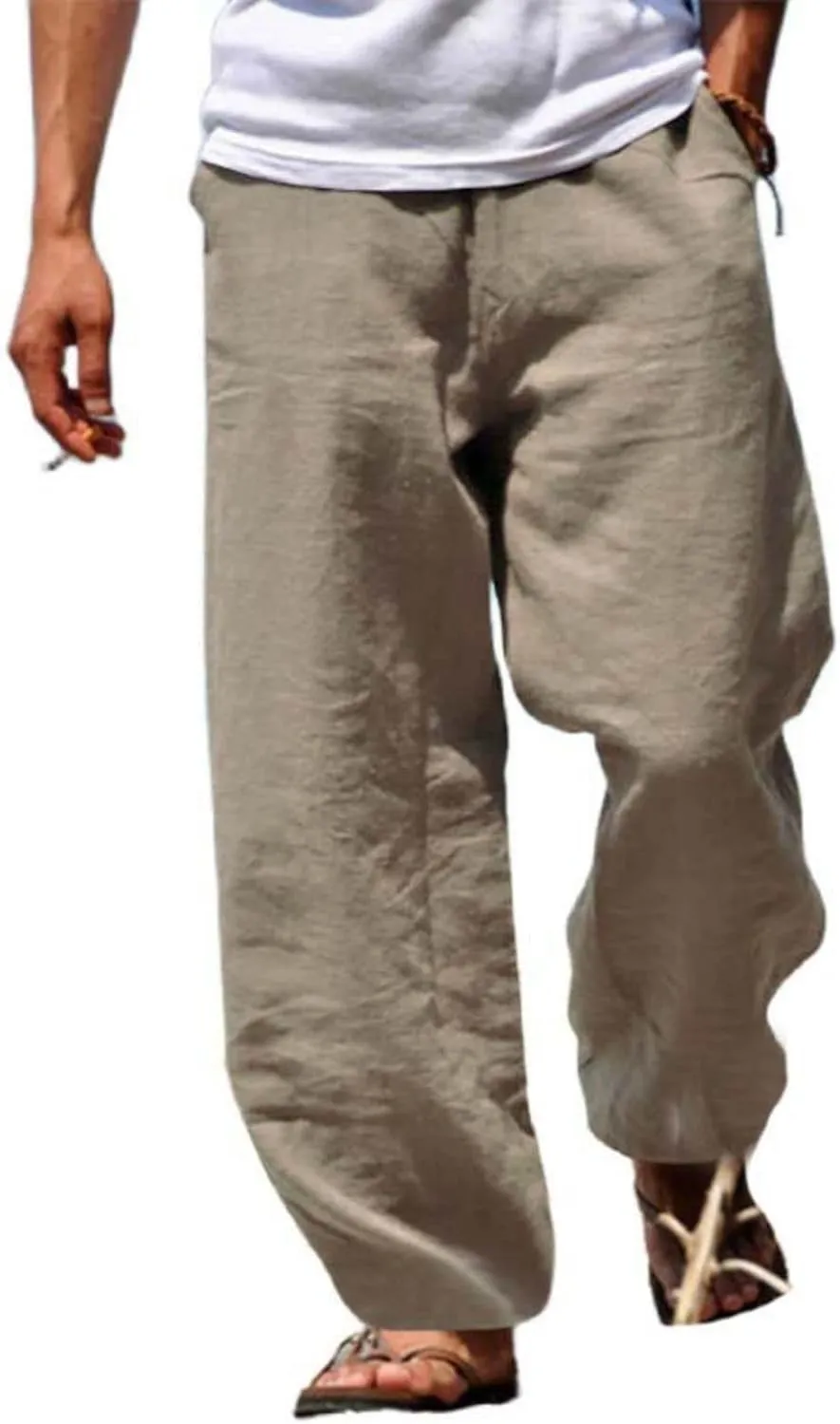 Men's Linen Pants Loose Fit Yoga Beach Pants Slim Fit Capri Trousers with Elastic Waist for Casual Summer Wear