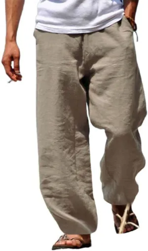 Men's Linen Pants Loose Fit Yoga Beach Pants Slim Fit Capri Trousers with Elastic Waist for Casual Summer Wear