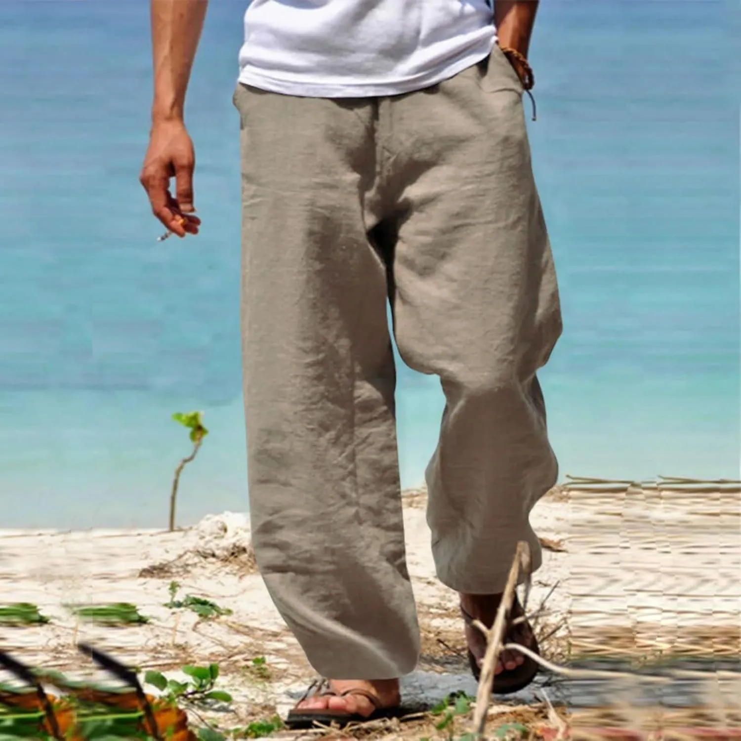 Men's Linen Pants Loose Fit Yoga Beach Pants Slim Fit Capri Trousers with Elastic Waist for Casual Summer Wear