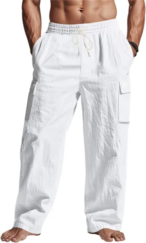 Men's Linen Pants Pants for Men Baggy Straight Leg High Waisted Loose Fit Cotton Linen Casual Summer Beach Pant