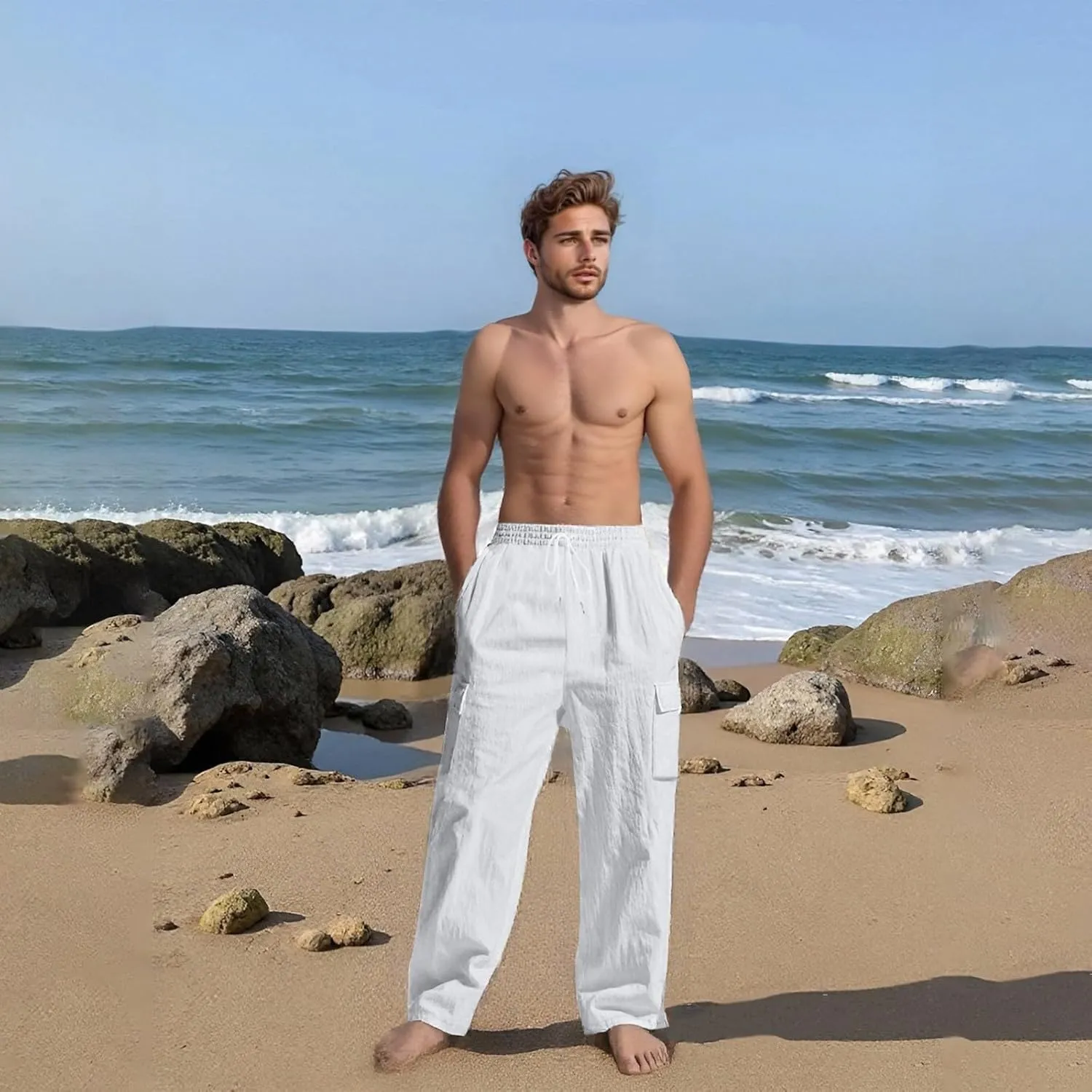 Men's Linen Pants Pants for Men Baggy Straight Leg High Waisted Loose Fit Cotton Linen Casual Summer Beach Pant