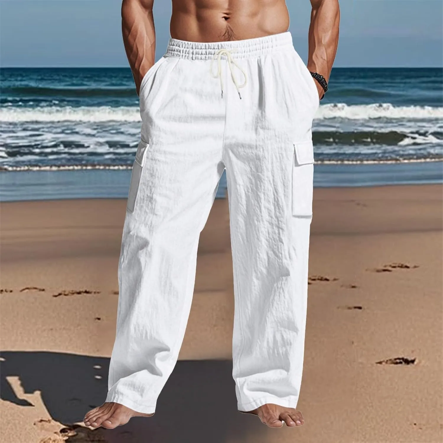 Men's Linen Pants Pants for Men Baggy Straight Leg High Waisted Loose Fit Cotton Linen Casual Summer Beach Pant