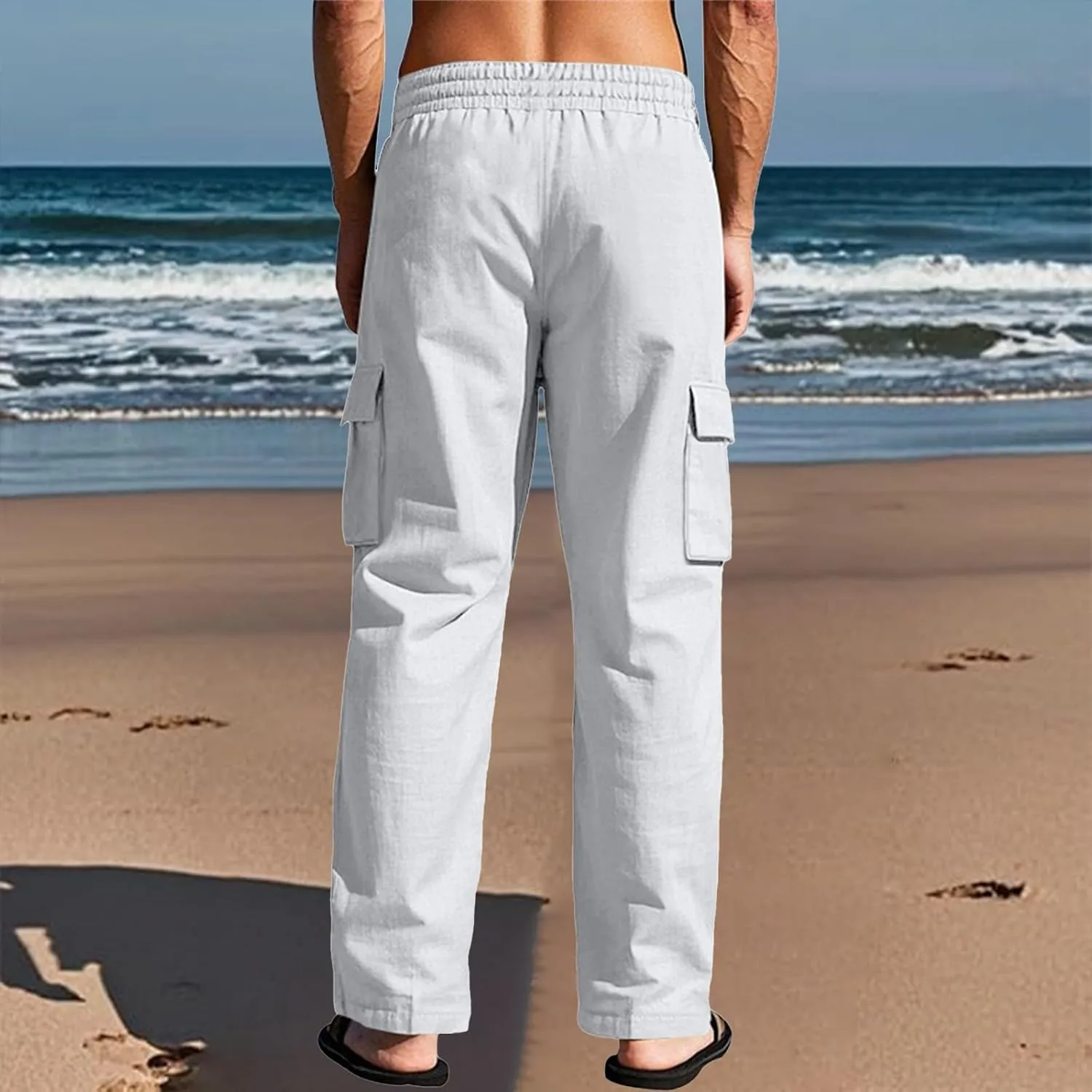 Men's Linen Pants Pants for Men Baggy Straight Leg High Waisted Loose Fit Cotton Linen Casual Summer Beach Pant