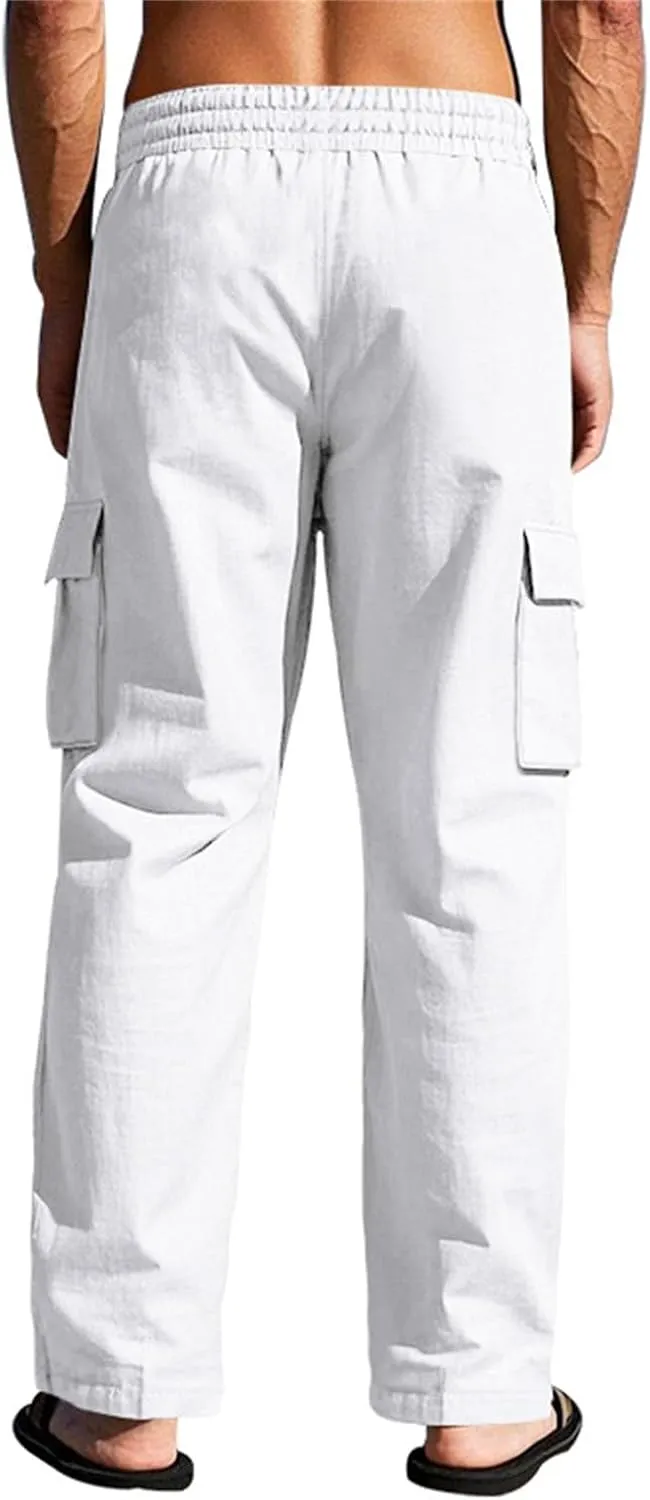Men's Linen Pants Pants for Men Baggy Straight Leg High Waisted Loose Fit Cotton Linen Casual Summer Beach Pant