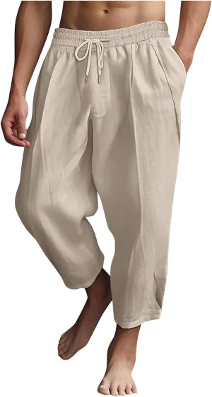 Men's Linen Summer Beach Pants Baggy Straight Leg Joggers Loose Fit Business Pant Outdoor Hiking Trousers
