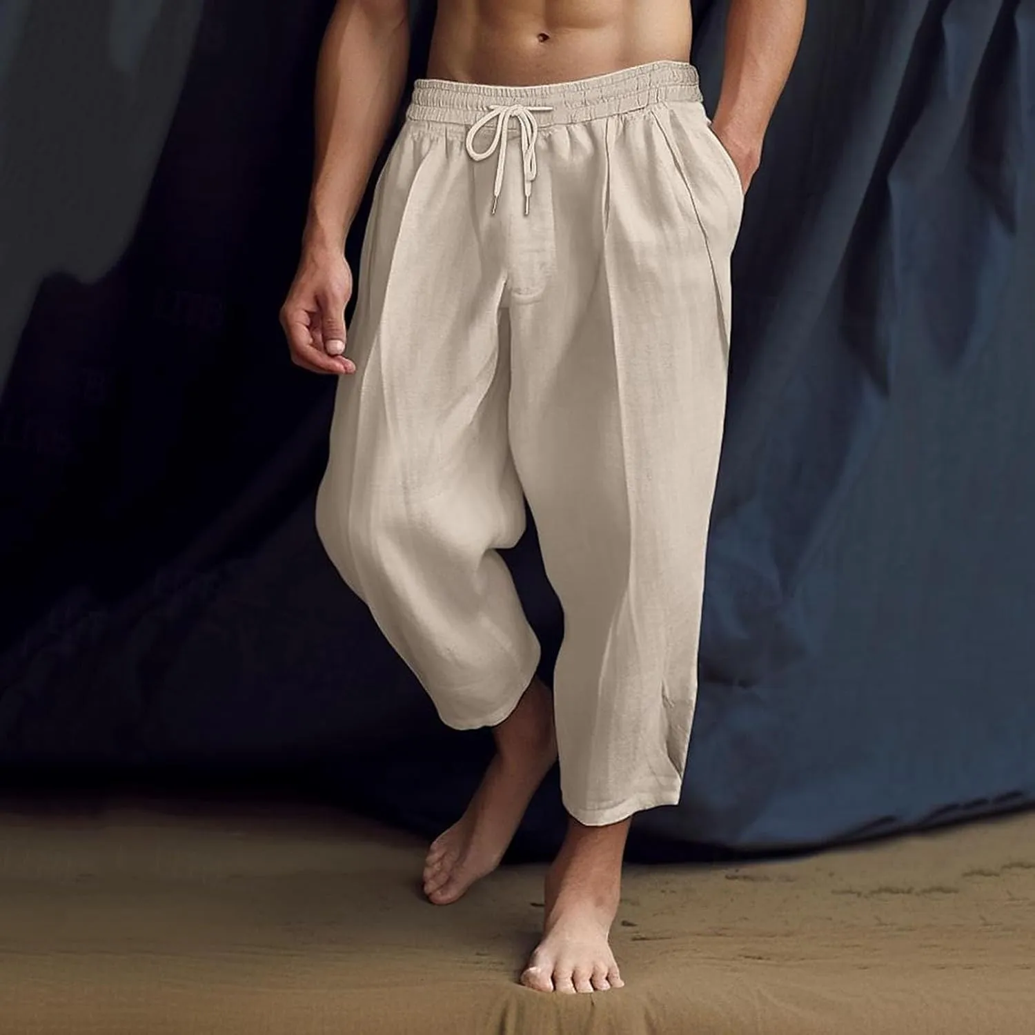 Men's Linen Summer Beach Pants Baggy Straight Leg Joggers Loose Fit Business Pant Outdoor Hiking Trousers