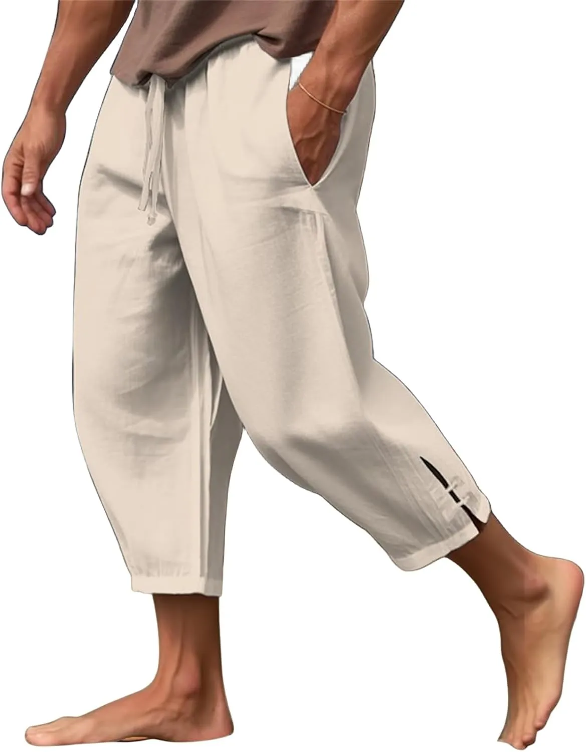 Mens Linen Yoga Pants Harem Capri 3/4 Shorts Sweatpants Jogger Pant Drawstring Elastic Waist Beach Boho Yoga Trousers