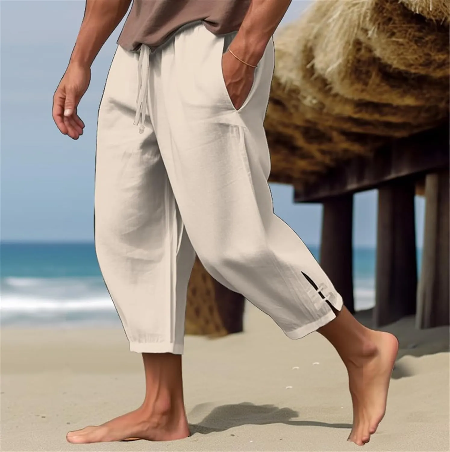 Mens Linen Yoga Pants Harem Capri 3/4 Shorts Sweatpants Jogger Pant Drawstring Elastic Waist Beach Boho Yoga Trousers